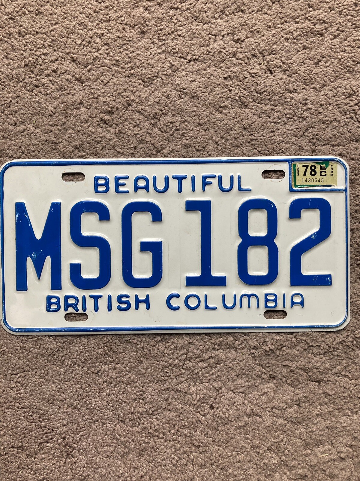 1978 British Columbia License Plate - MSG 182 -  Nice
