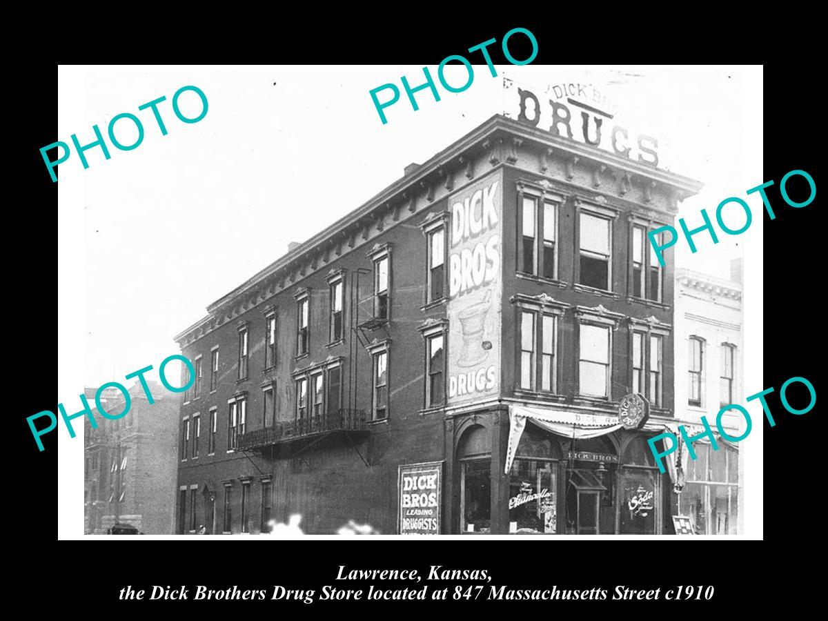 OLD LARGE HISTORIC PHOTO OF LAWRENCE KANSAS THE DICK Bros DRUG STORE c1910