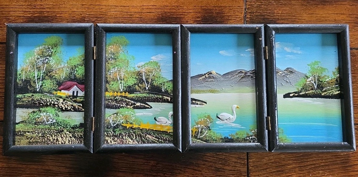 Vintage Mid Century 4 Panel Folding Table Screen Miniature Landscape Painting 3D Vintage Mid Century 4 Panel Folding Table Screen Miniature Landscape Painting 3D