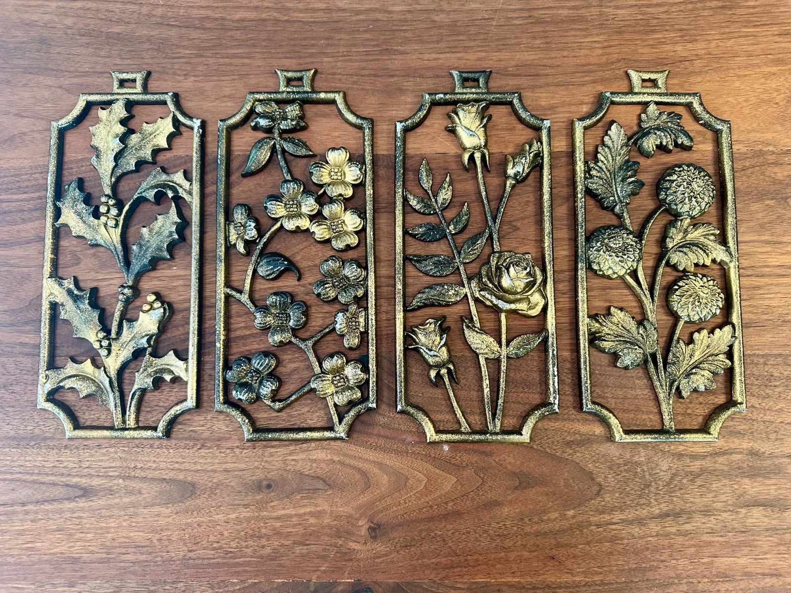 Vintage 1960\'s Sexton Set MCM 4 Four Seasons Floral Metal Wall Plaques 12” x 5”