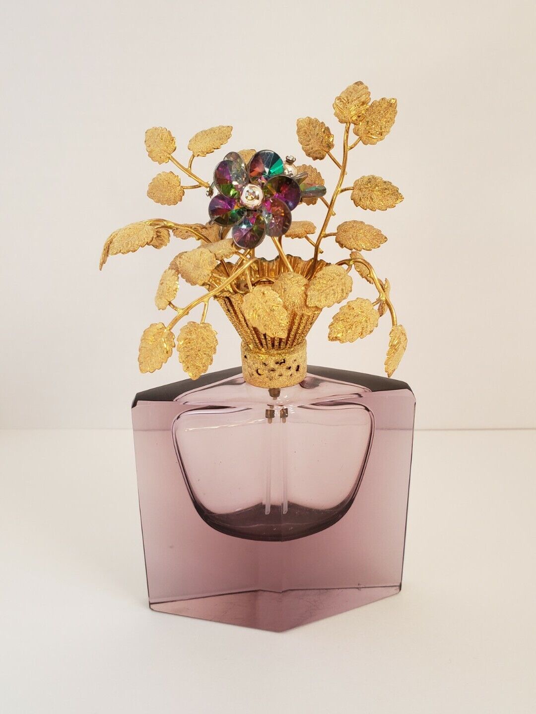 W German Amethyst Glass Perfume Bottle Gold Filagree Leaves & Rhinestone Flowers