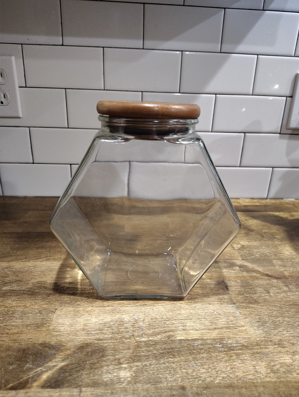 Vintage Glass Hexagon Candy Storage Jar Canister Wood Lid Clear Tilt