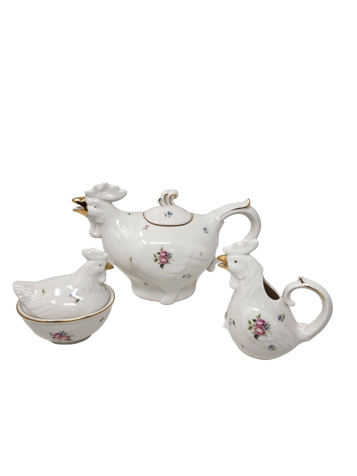 Graces Teaware  Rooster Floral Teapot Creamer and Sugar Bowl New
