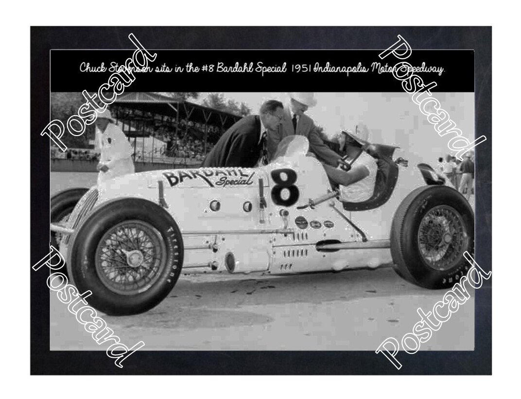 Historic Chuck Stevenson sits in the #8 Bardahl Special 1951 Indy Postcard 2