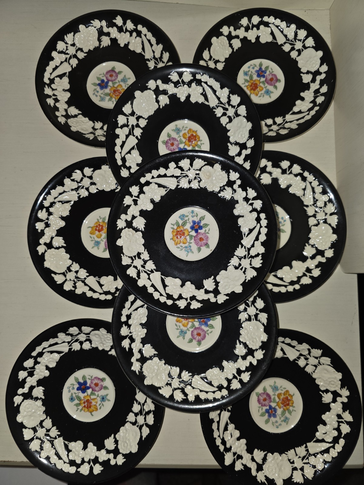 Antique 1920s NINE George Jones SAUCERS Rhapsody Black, Floral England. STUNNING