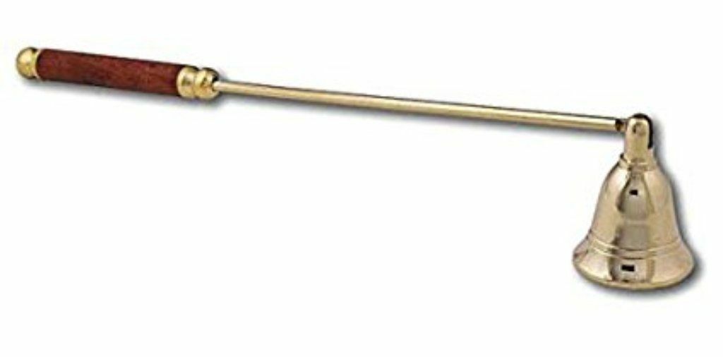 Wooden Handled Brass Candle Snuffer- 11 Inches Long With Hinged Snuffer Bell Wooden Handled Brass Candle Snuffer- 11 Inches Long With Hinged Snuffer Bell