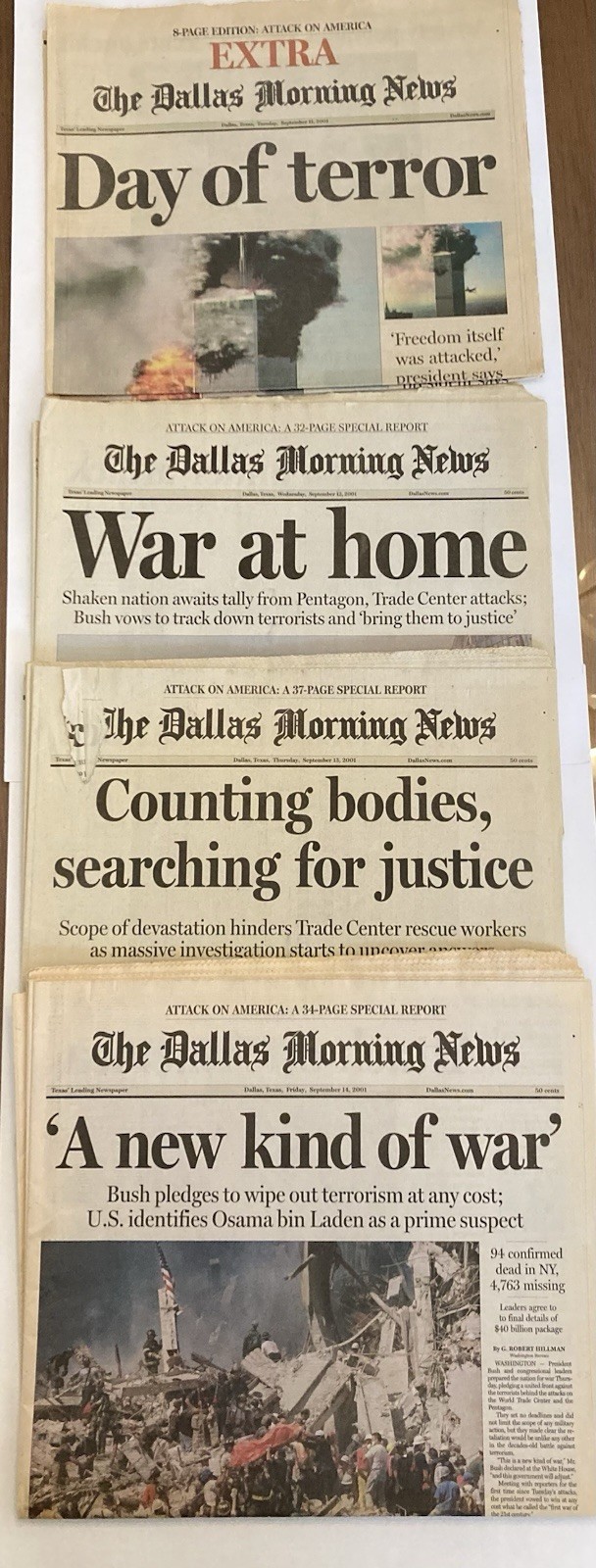Dallas Morning News Lot Of 5 Sept 11(2) Extra, 12,13,14, 2001 Terrorist Attacks Dallas Morning News Lot Of 5 Sept 11(2) Extra, 12,13,14, 2001 Terrorist Attacks