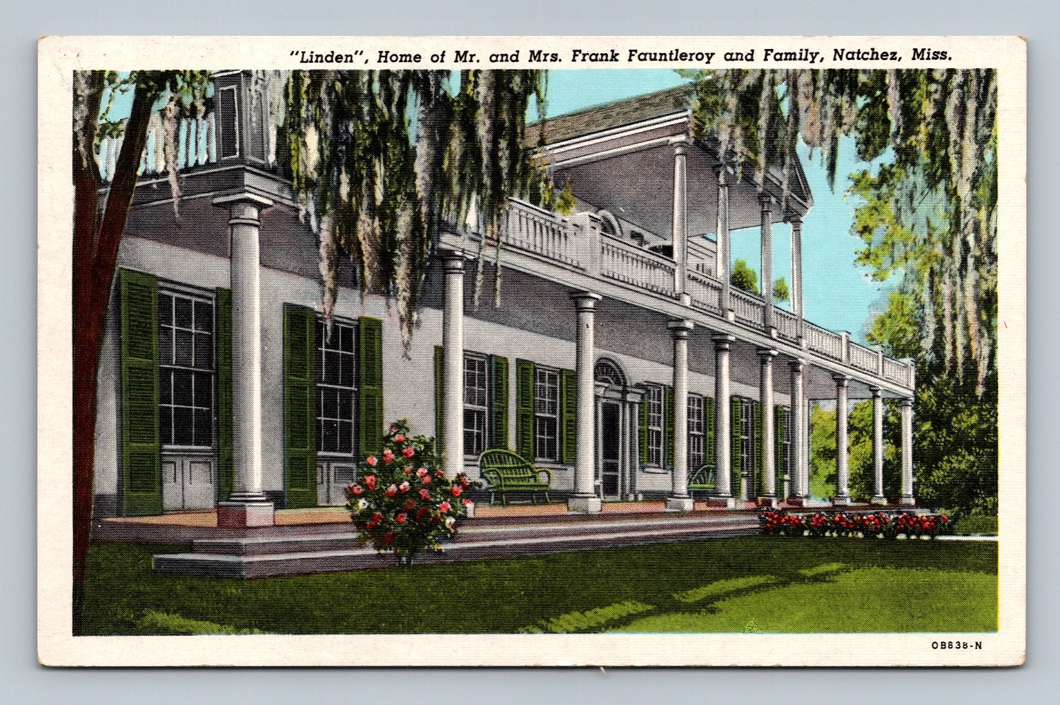 Linden Mansion Natchez Mississippi Vintage Postcard C.T. American Art 1940s