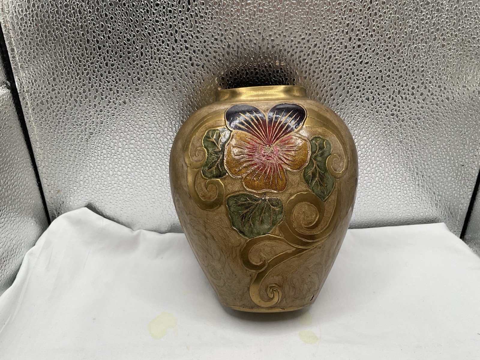 Vintage French painted brass vase by A. Dellhaux