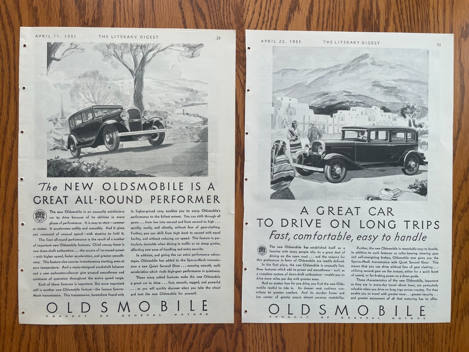Two 1931 OLDSMOBILE AUTO Print Ads  ~ Vintage Ads ~ Olds 4-Door Sedans
