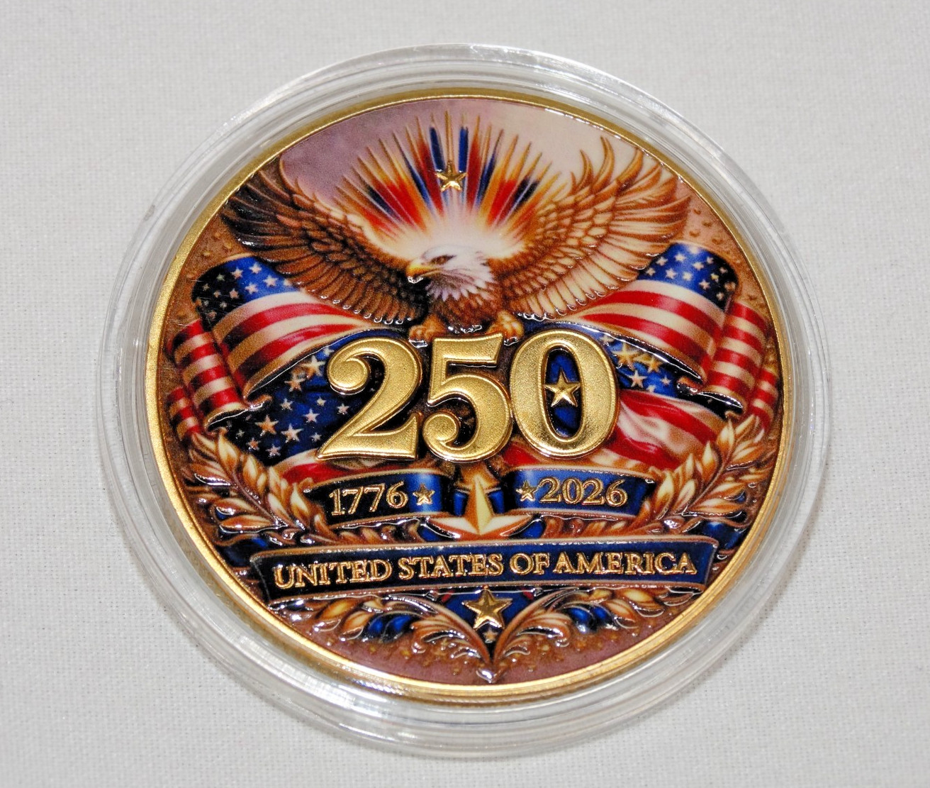 250th USA 4th July 1776 Challenge Coin Gold Dollar sized metal painted raised 3D