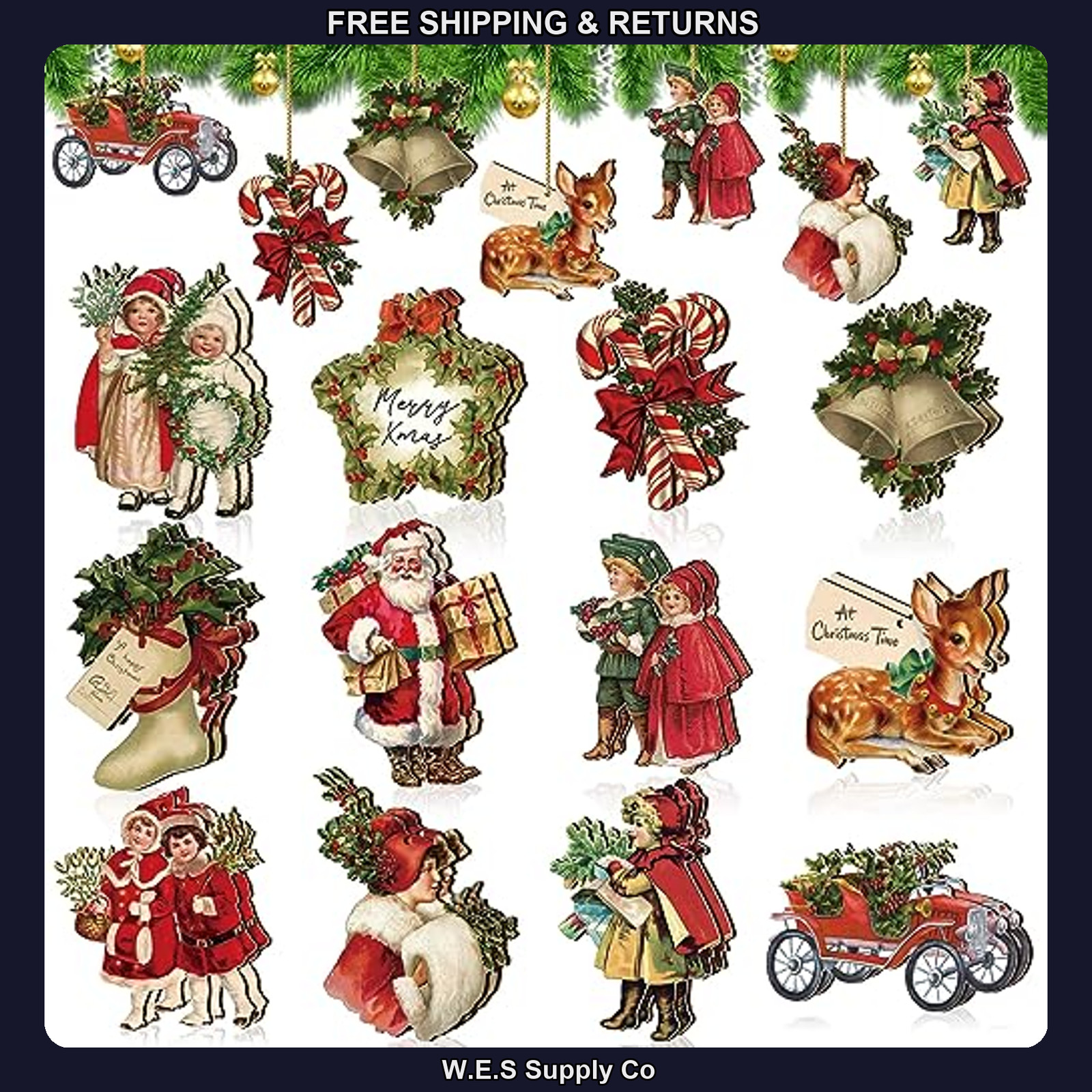 24 Pc Vintage Wooden Christmas Ornaments 12 Styles Tree Decorations