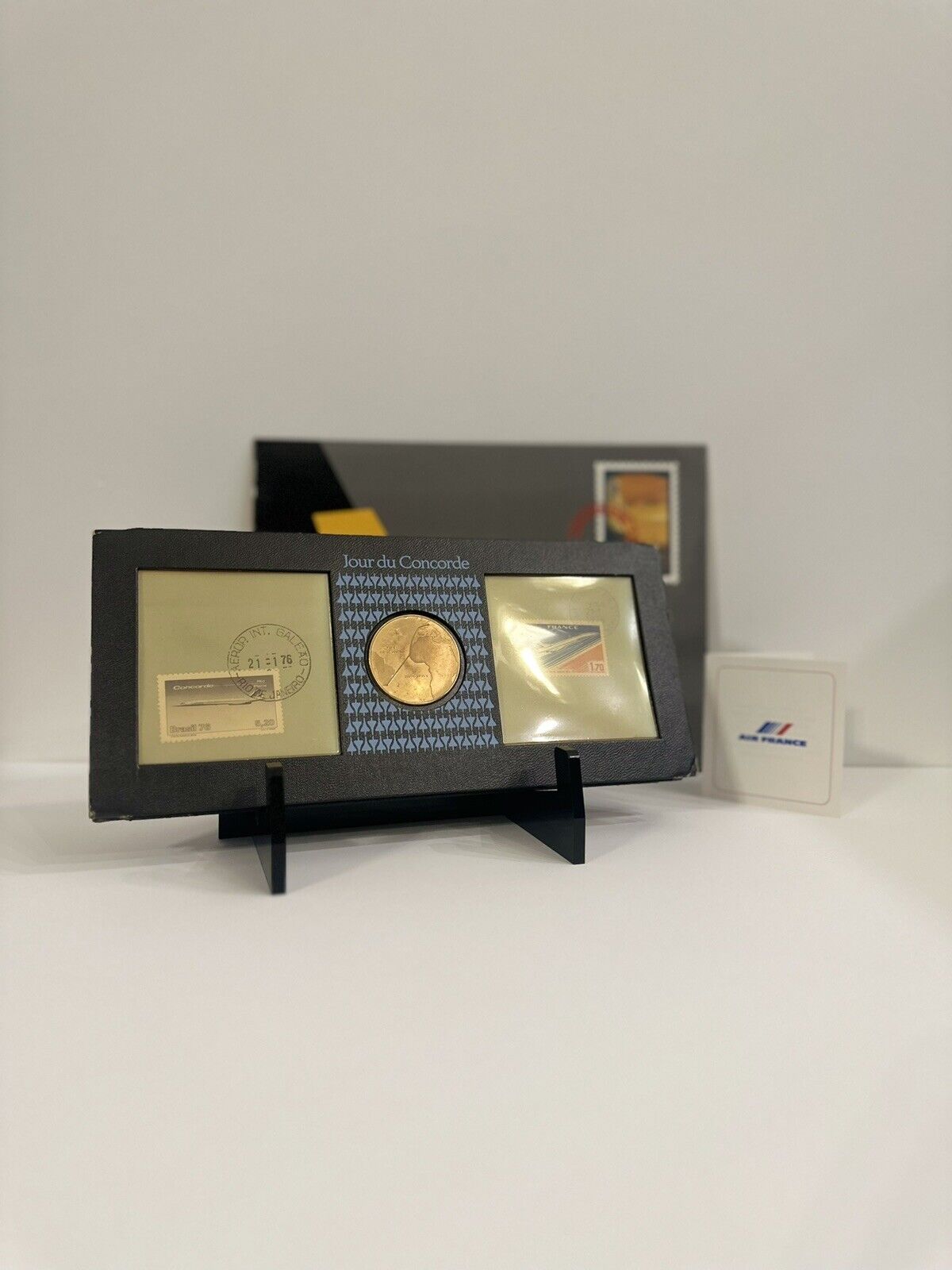 Air France Concorde 1976 First Flight Souvenir Box with Silver Medal and Stamps