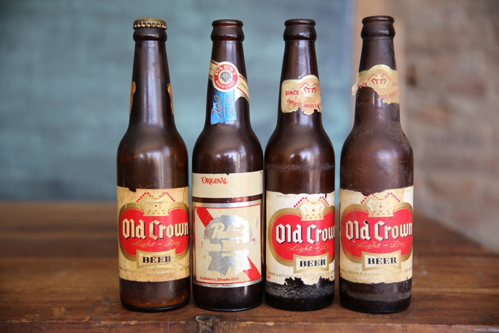 Vintage Old Crown & PABST Empty Glass Beer Bottles paper labels Antique bar