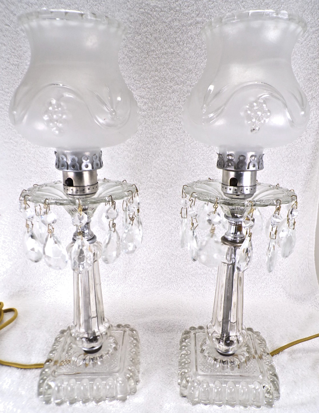 VTG Clear Glass Prism Boudoir Lamps Pair Frosted Shades Hollywood Regency 15