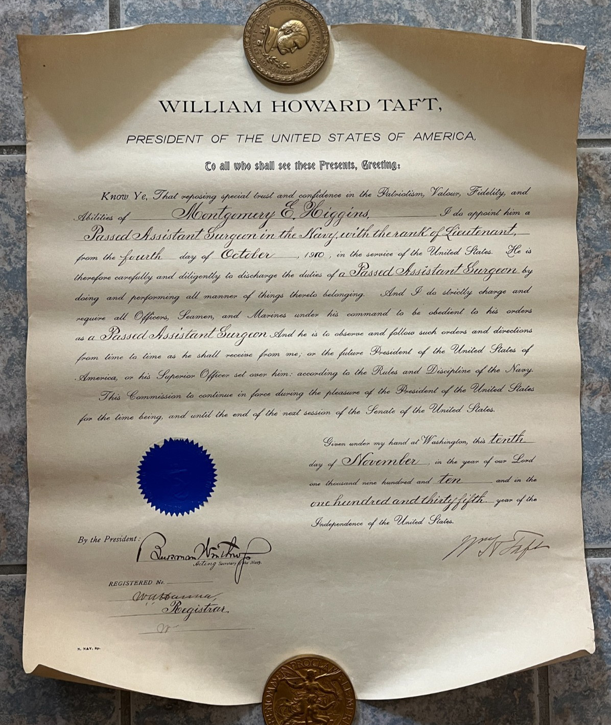 RARE 1910 PRESIDENT WILLIAM HOWARD TAFT SIGNED Military Document Autographed USN