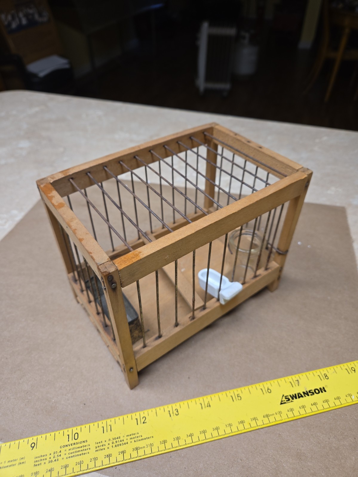 Antique Miners Wood Canary Cage Water Jar Feed Tray And Ceramic Seed Dish Antique Miners Wood Canary Cage Water Jar Feed Tray And Ceramic Seed Dish