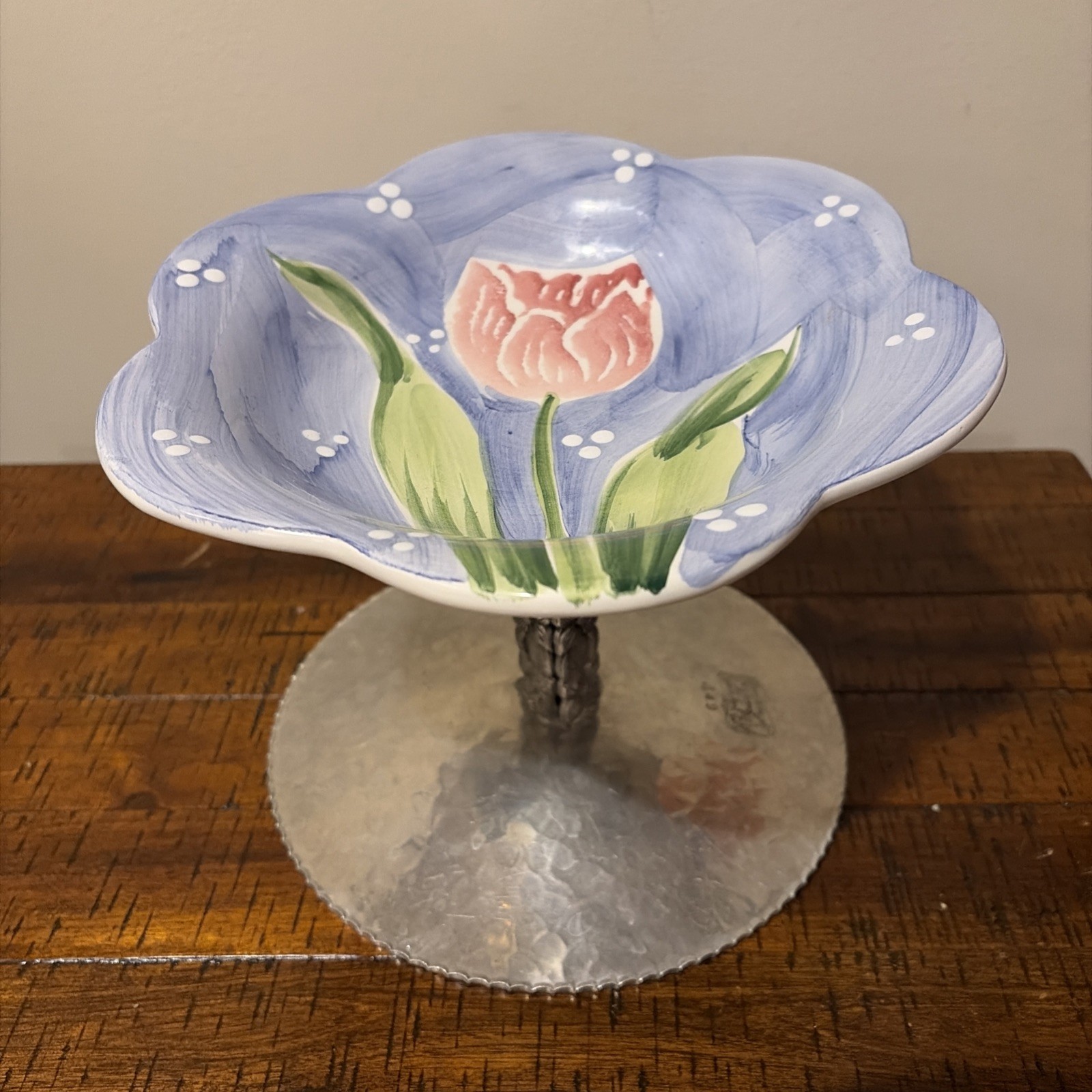 VTG? Rodney Kent Pedestal Handwrought Ceramic Bowl W/ Alumimun Base Floral Shape