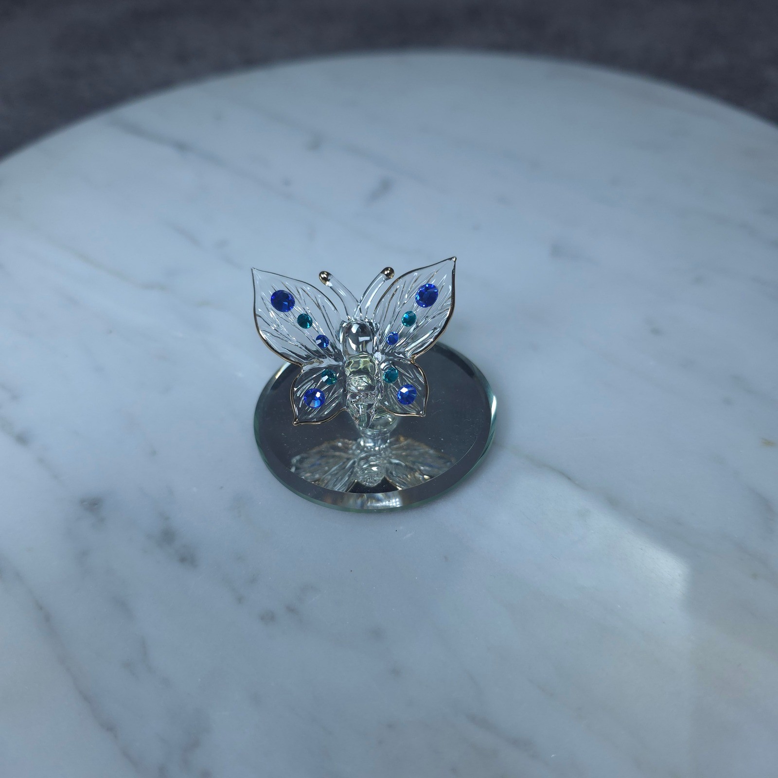 Glass Baron Butterfly Figurine Clear Blue Gold Rhinestones Mirrored Base