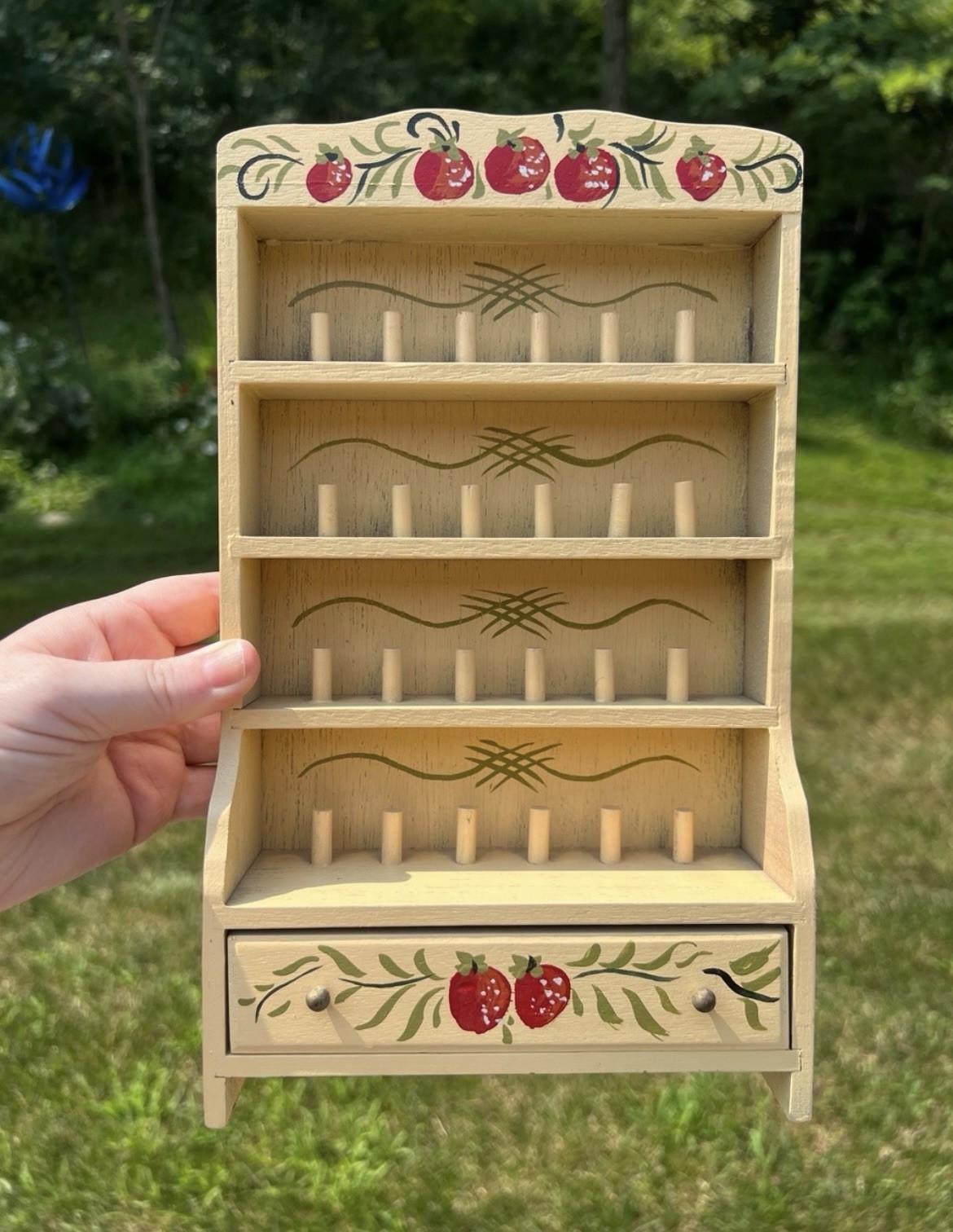Vintage Handpainted Kitsch Strawberry Wood Sewing Display Cabinet Shadowbox Gift Vintage Handpainted Kitsch Strawberry Wood Sewing Display Cabinet Shadowbox Gift