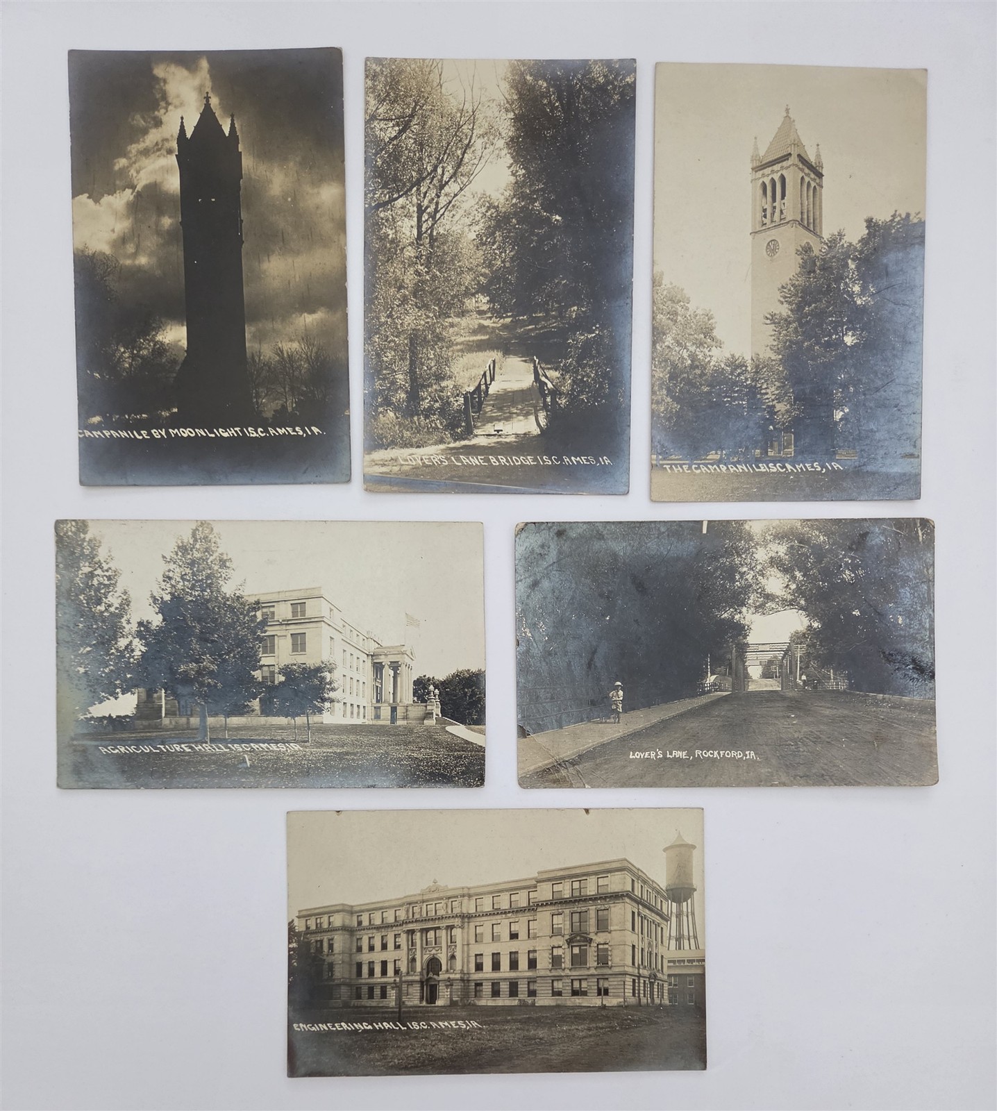 c1910 antique RPPC ames ia IOWA STATE COLLEGE CAMPANILE ENGINEERING HALL 6pc