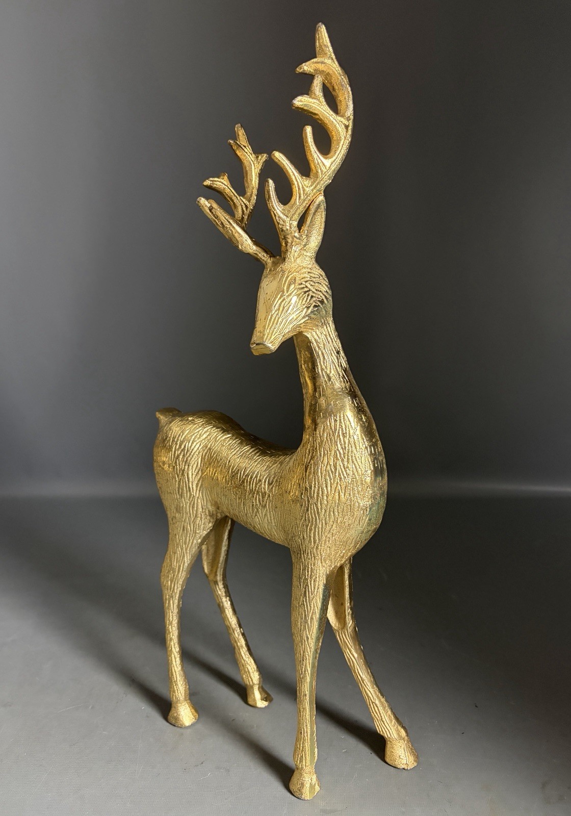 Vintage Solid Brass Stag Deer Figurine Statue Textured Fur 22” Hollywood Regency