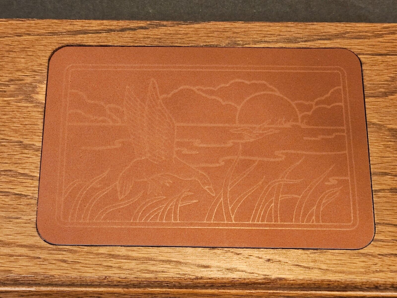 Vintage Solid Oak Jewelry Box W/Embossed Leather  Inset Sunset Scene Water Duck