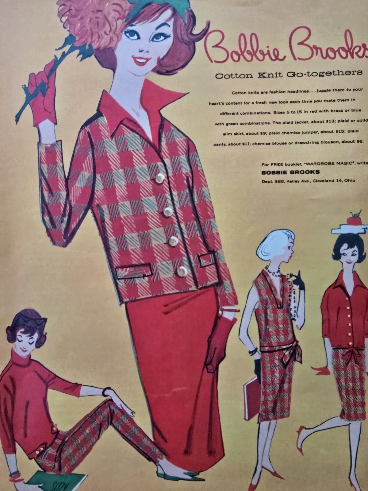 1958 Women's Bobbie Brooks Red Suits Dresses Vintage fashion Art Ad