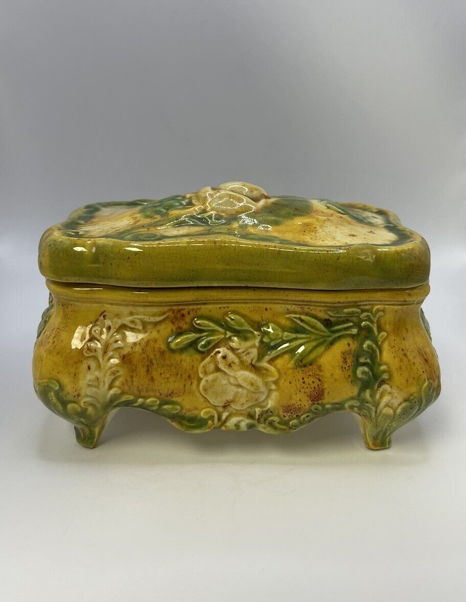 Antique Art Jewelry Casket Dresser Footed Trinket Box Hand Painted Design