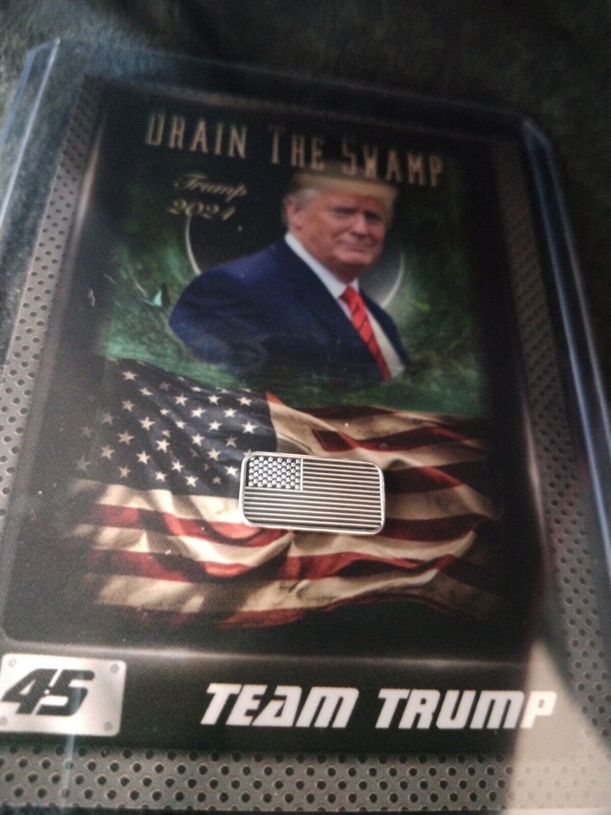 President Donald Trump Drain The Swamp Trading Card, 1 Gram .999 Silver Flag Bar