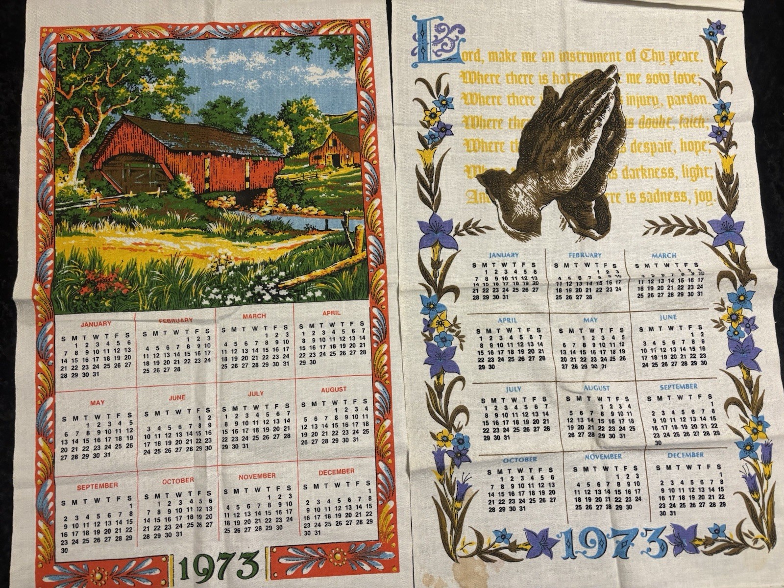 Vintage 1973 LINEN TEA DISH TOWEL CALENDAR COUNTRYSIDE COVERED BRIDGE & PRAYING