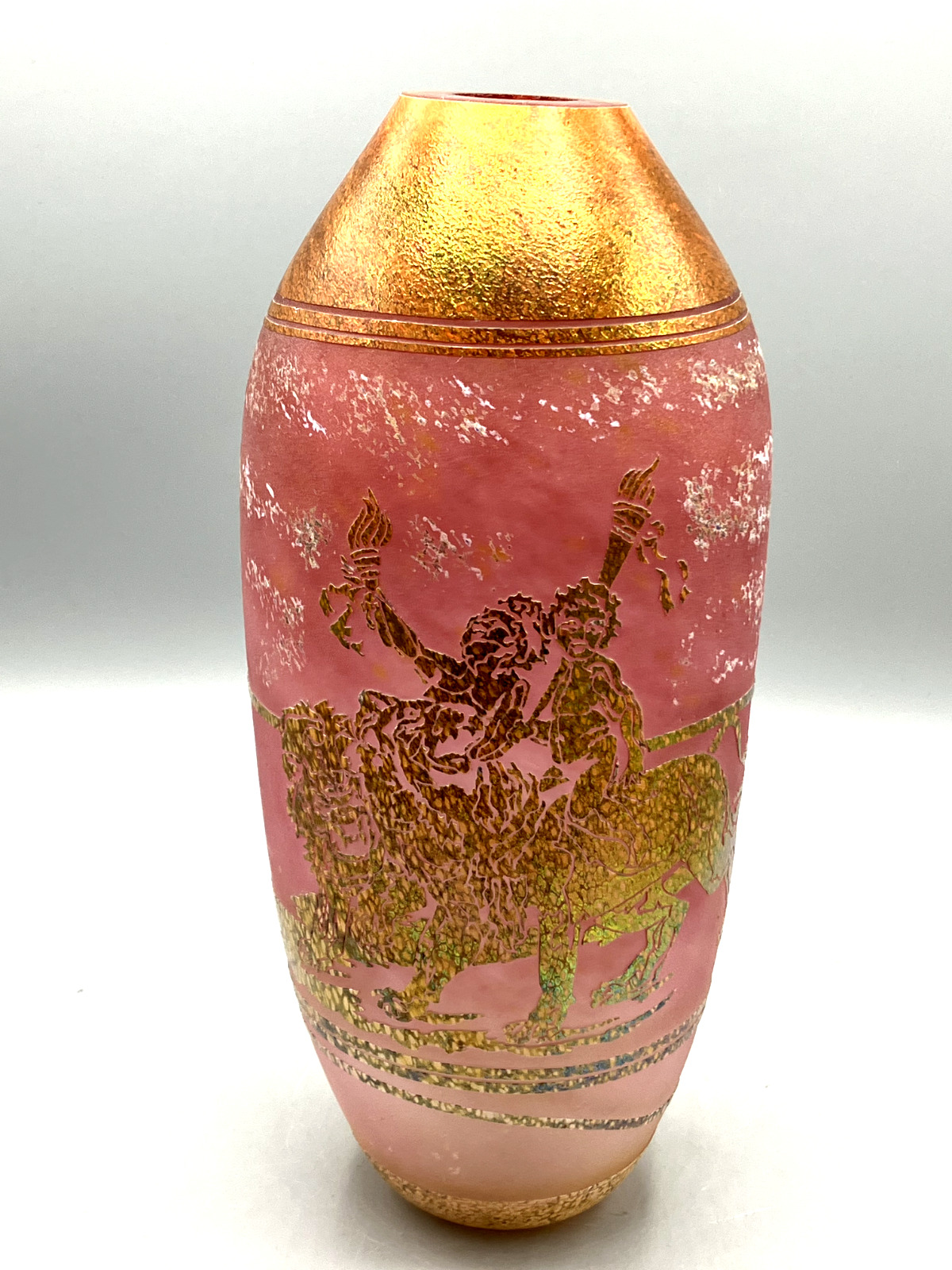 Vintage Rose/Pink Frosted Hand Blown Glass Vase Foil Classic Imagery