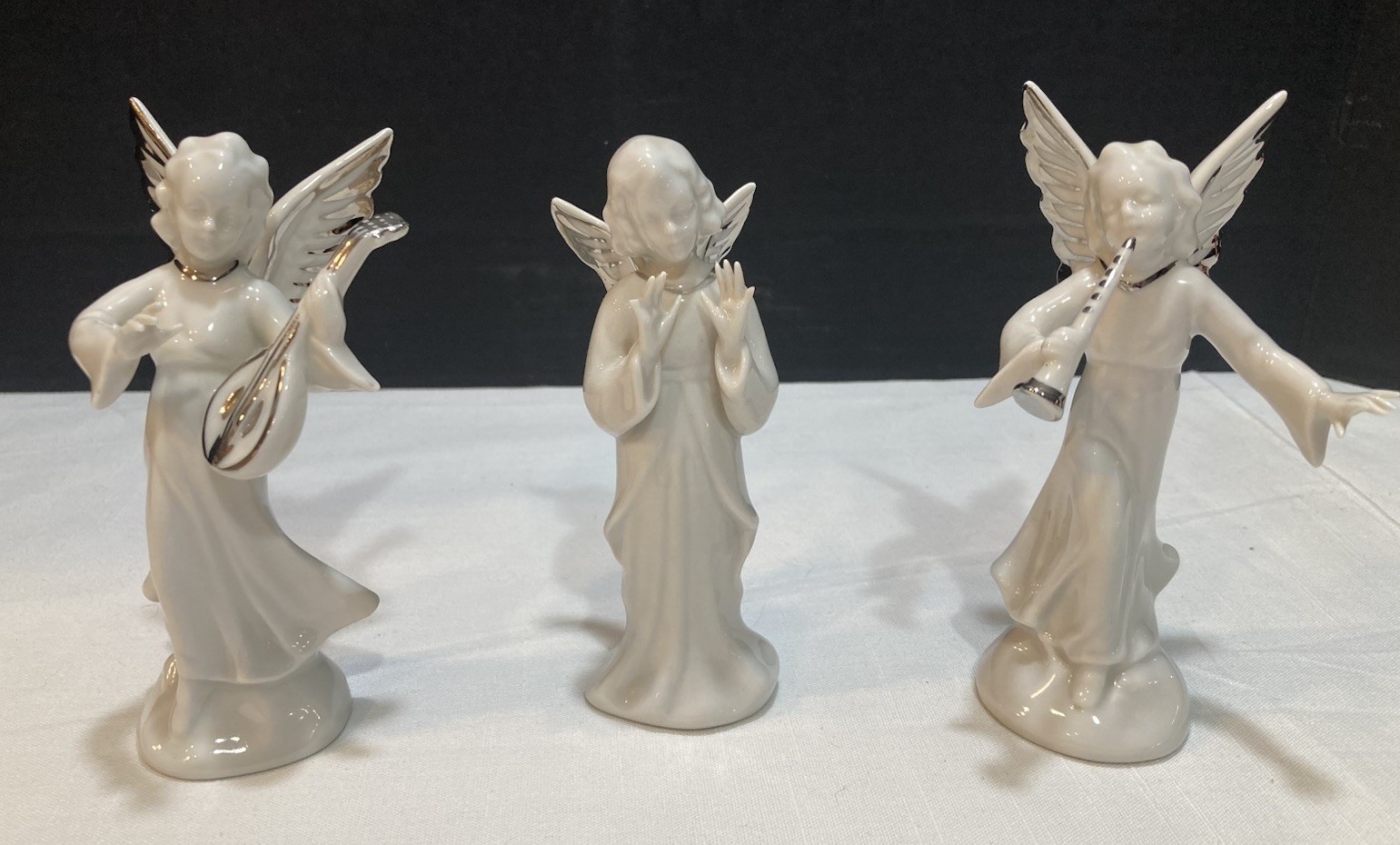 Vintage Dresden Germany Porcelain Angel Musician Figurines Set of 3 Silver Trim