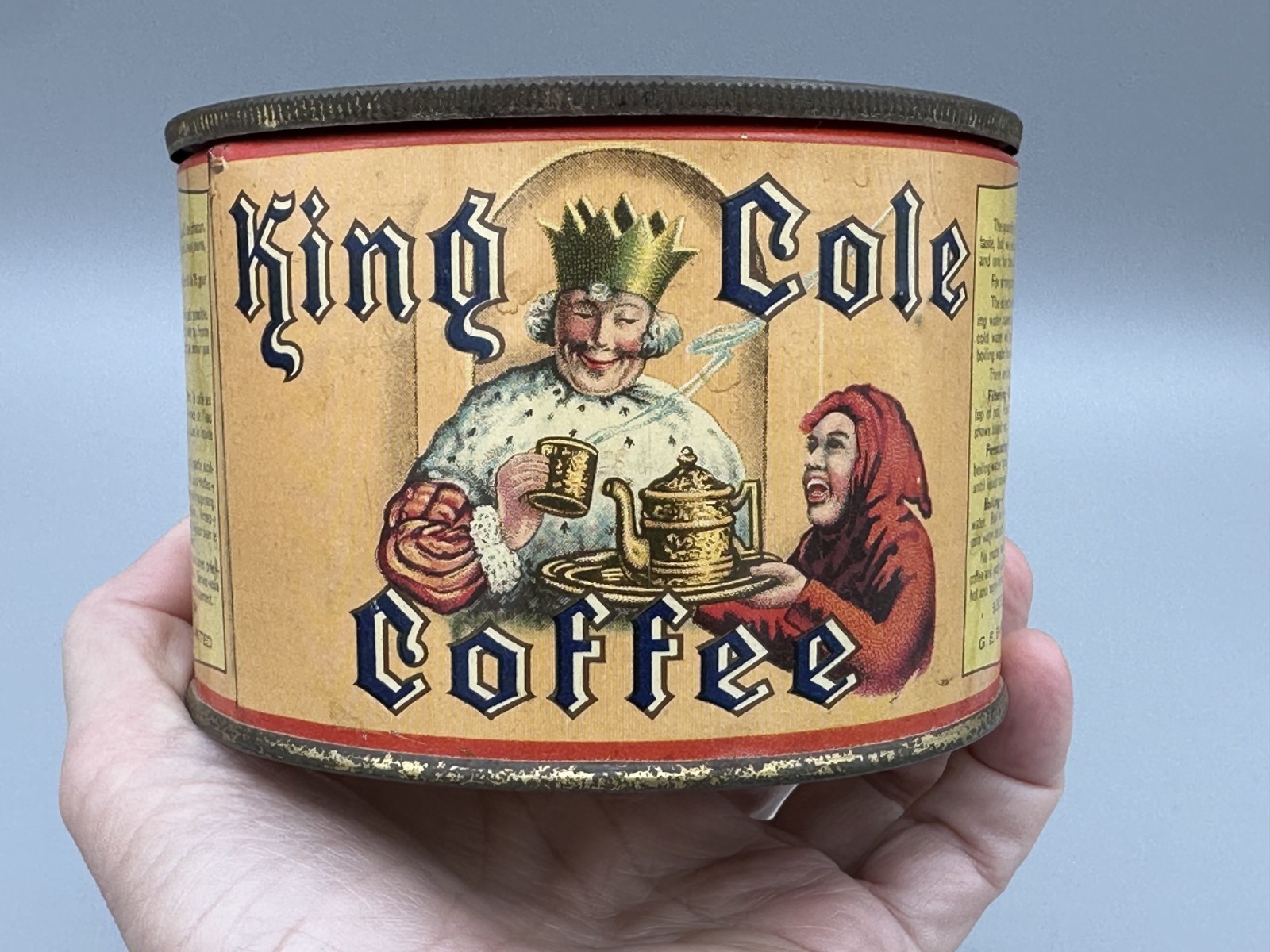 Vintage KING COLE COFFEE TIN 1/2 Lb Advertising Can Nursery Rhyme G E Barbour Co