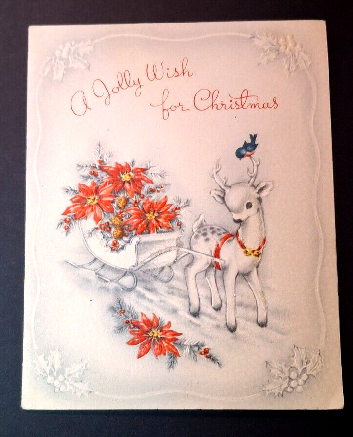 Vtg 1940\'s Christmas Deer Pulling Cart Full Of Poinsettias Mica Card Used
