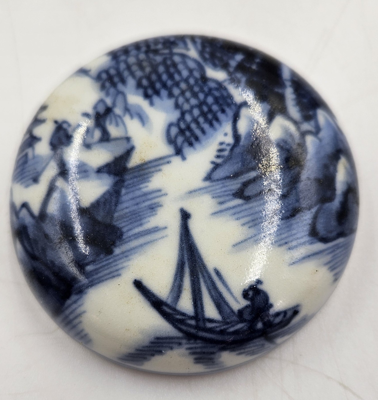 Antique Chinese Blue & White Porcelain Wax Seal Paste Box Signed