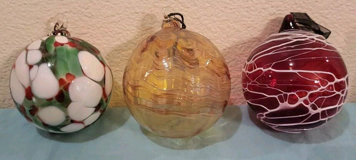 VTG • Hand Blown Glass Ball Ornament Lot Of 3 • Designer Crafted • Exc Cond
