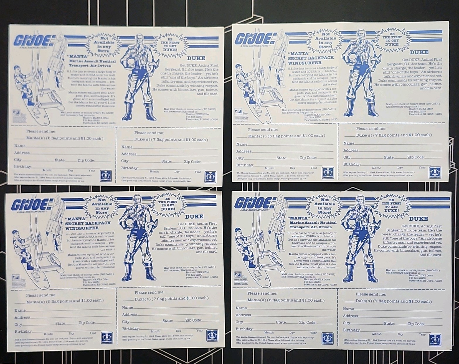 G.I. Joe MANTA & Duke Mail-In Offer Form Original Blue/White 1984 LOT OF 4