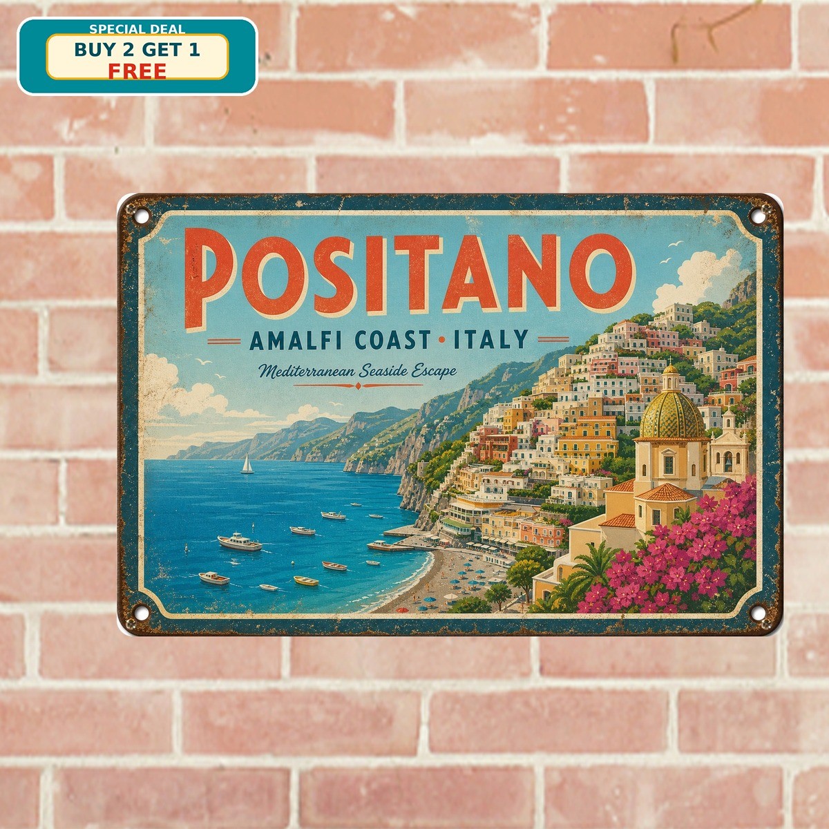 Positano Amalfi Coast Italy Tin Sign Vintage Travel Poster Metal Art
