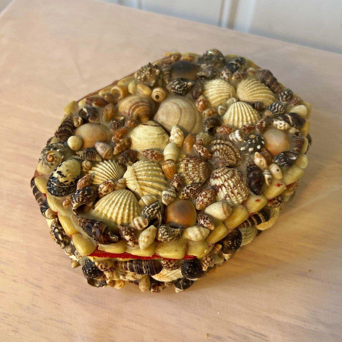 Vintage Seashell Trinket Box Handmade Coastal Jewelry Box Red Velvet Lined