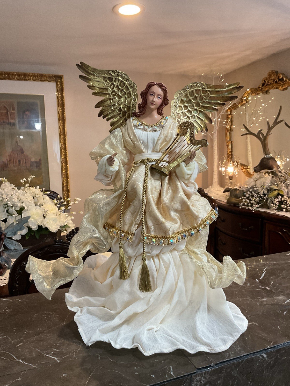 Christmas Angel Tree Topper Gilded Gold Wings Elegant Gown Balsam Hill 20” Tall