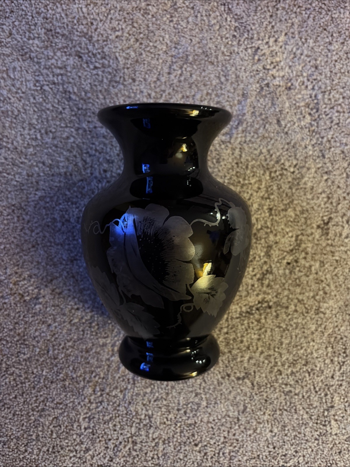 Vintage Fenton Hand Painted Silver Poppies Black Amethyst Glass Wide Vase Signed