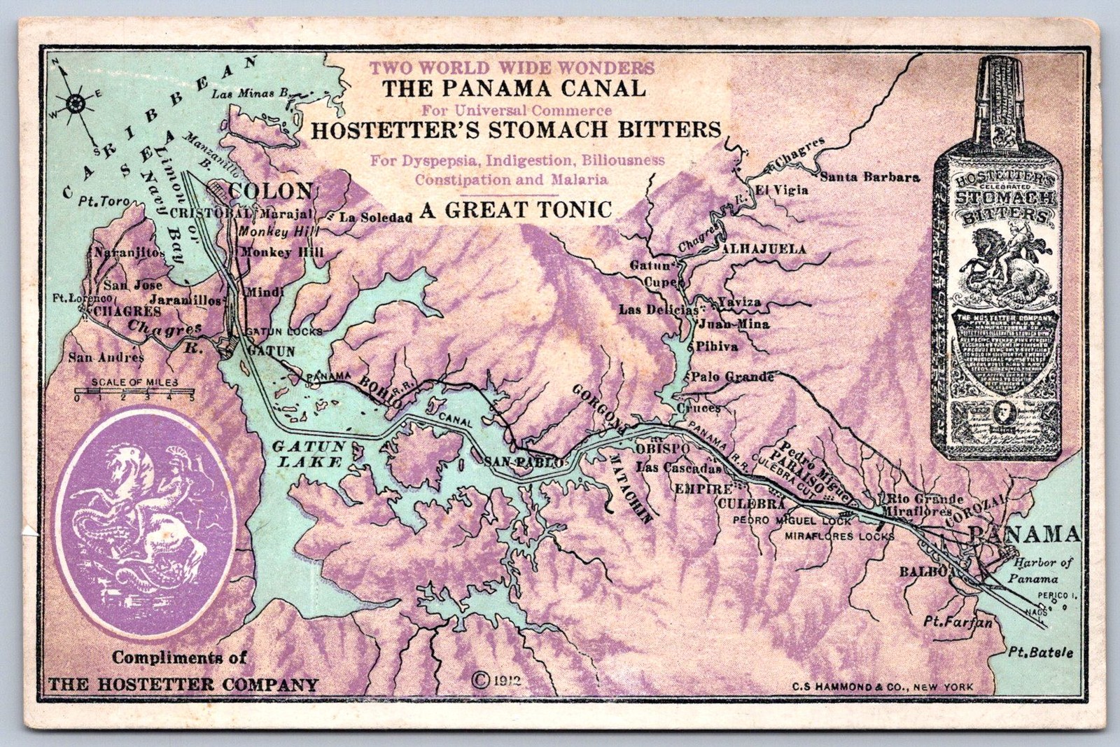 K37/ Interesting Postcard c10 Panama Canal Map Hostetter Advertisement 267