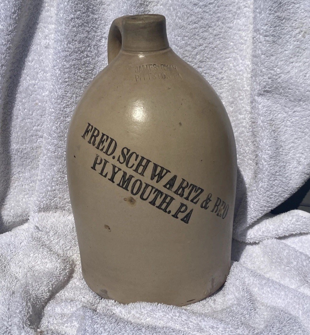 Antique Fred. Schwartz & Bro Plymouth Pa Stoneware Jug James Ryan Pittston Pa