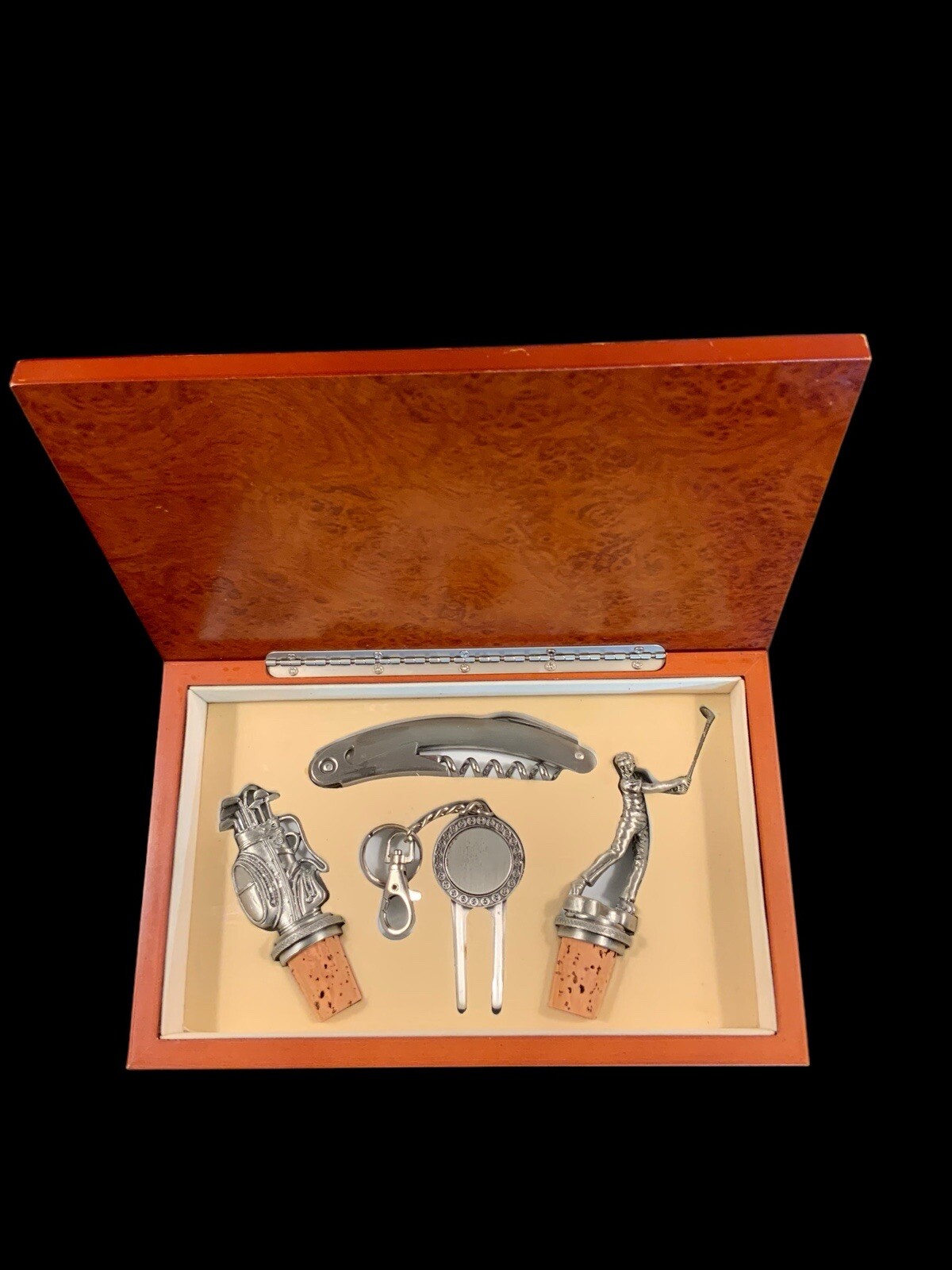Vintage Golf Bar Tool Set New In Original Burl Wood Box
