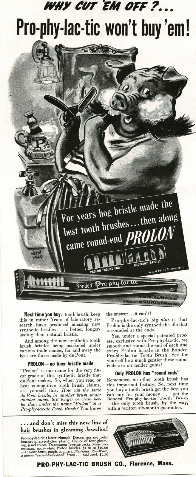 1943 PRO-PHY-LAC-TIC Prolon toothbrush Anthropomorphic Pig Vintage Print Ad
