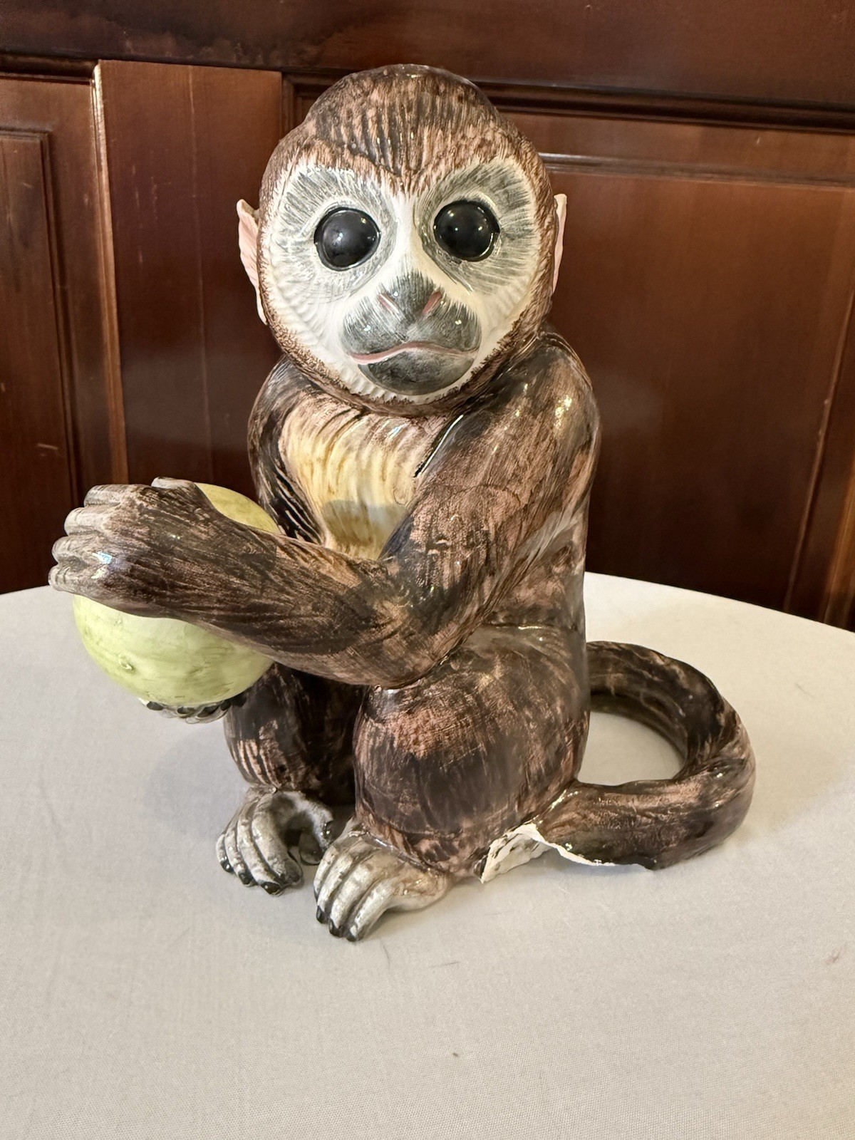 VTG Mid 20th Century Italian Majolica Monkey w/Ball Centerpiece Figure 8” READ