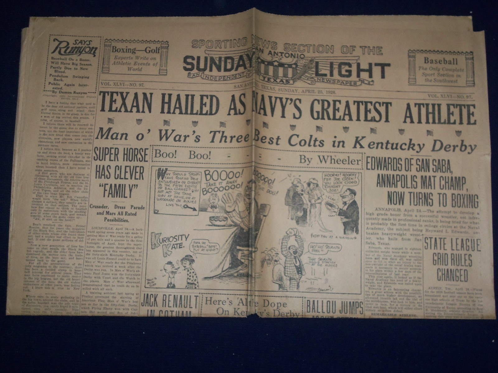1926 APRIL 25 SAN ANTONIO SUNDAY LIGHT SPORT SECTION - TEXAN HAILED - NP 972B 1926 APRIL 25 SAN ANTONIO SUNDAY LIGHT SPORT SECTION - TEXAN HAILED - NP 972B