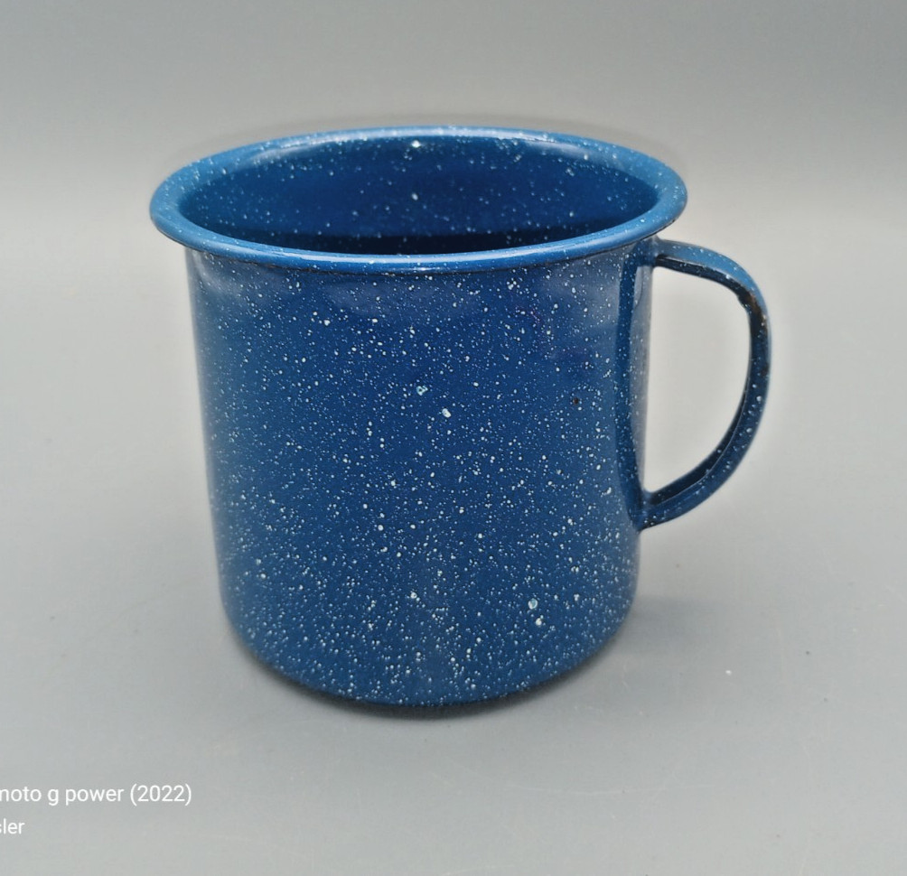 Vintage Blue Speckled Enamel Metal Coffee Mug Cowboy Camping Deep Cup