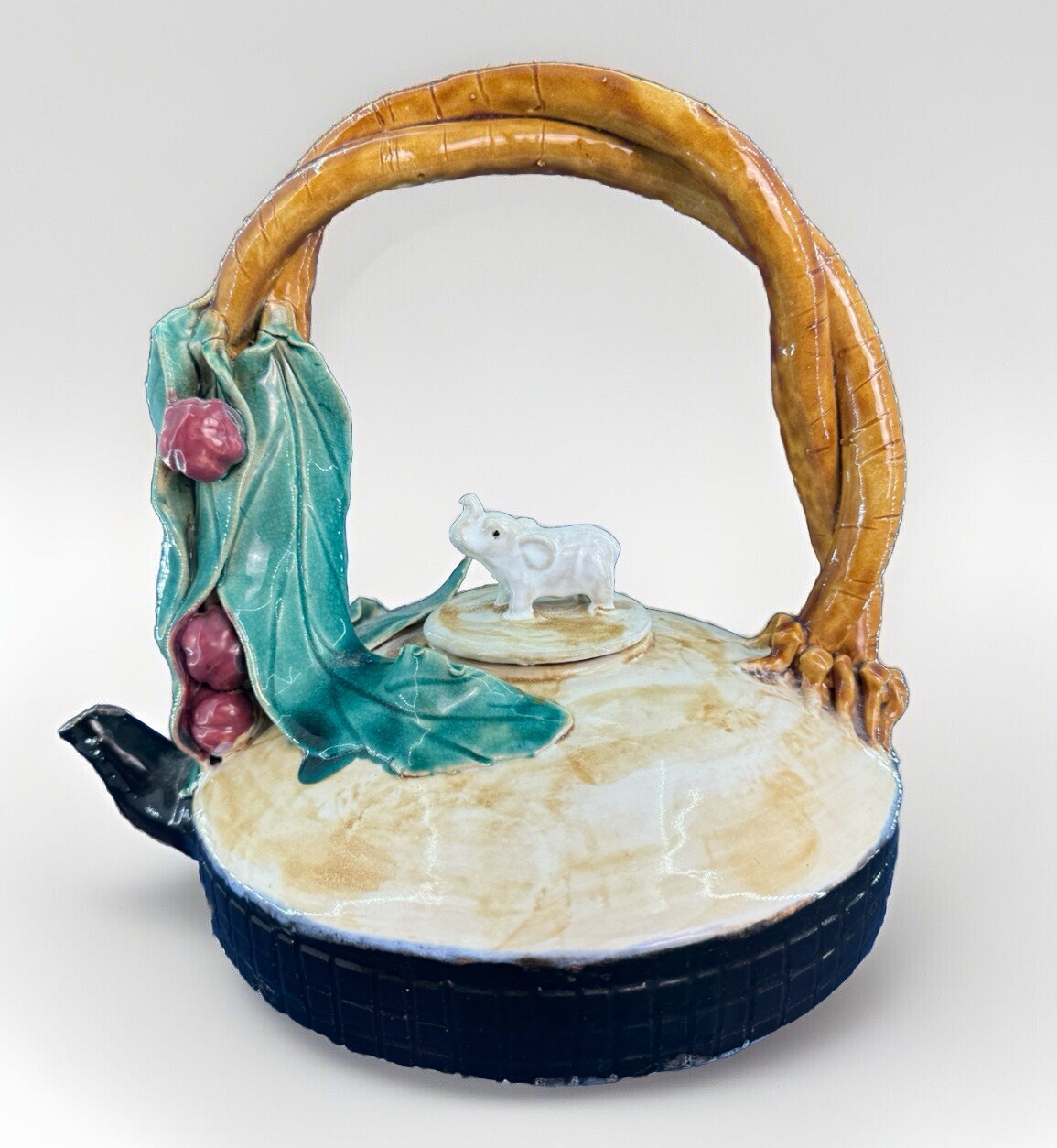 Vintage Majolica Style Elephant Teapot Sculpture Hand Painted Ceramic Folk Art